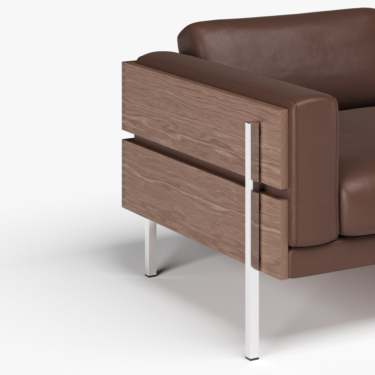 Brown leather sofa with wooden side and silver legs on a white background