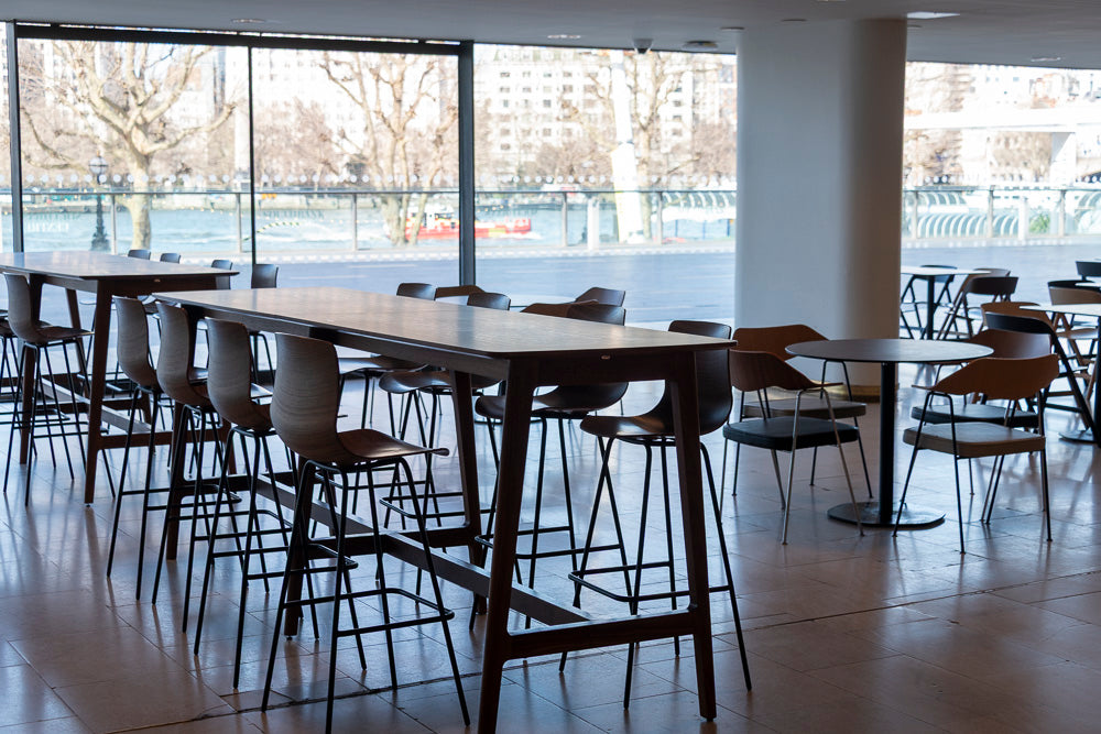 Large Dulwich Bar tables commissioned for the Royal Festival Hall with Loku Barstools and Loku tables with both 675 chairs and Narin folding Chairs. 