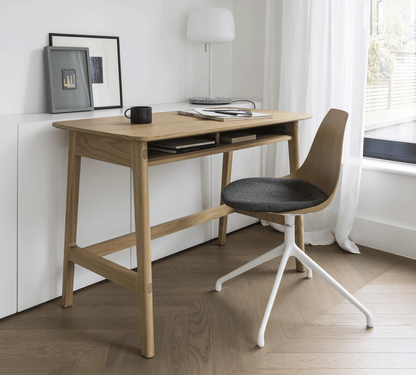 Dulwich Desk in Oak with a Ziba chair with oak shell and eleum fabric seat in a light and airy home office setting