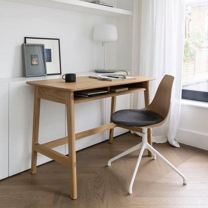 Dulwich Desk in Oak with a Ziba chair with oak shell and eleum fabric seat in a light and airy home office setting