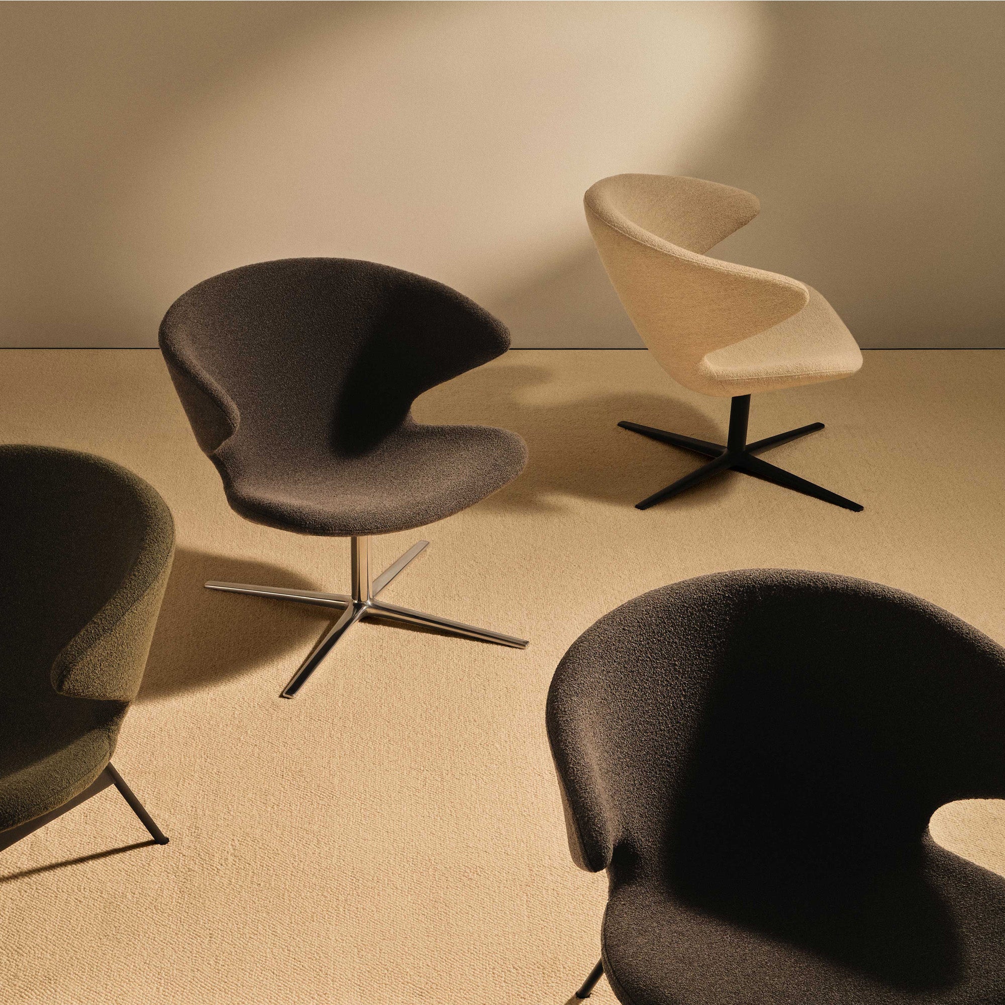 Four Ella Lounge Chairs arranged in a minimalist room setting with a beige carpet and wall. One chair is dark grey with a chrome star swivel base, one is cream with a black star swivel base, and one is dark grey with a tubular black base and the final one is Moss fabric with a Black Tubular base. Chairs are partially visible in the foreground and left background