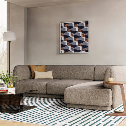 Meris sectional sofa in Pebble Weave Buff fabric, styled in a contemporary living room with a geometric wall art print, Purlin rug, Cross Side Table and Lucent Coffee table in Smoke 