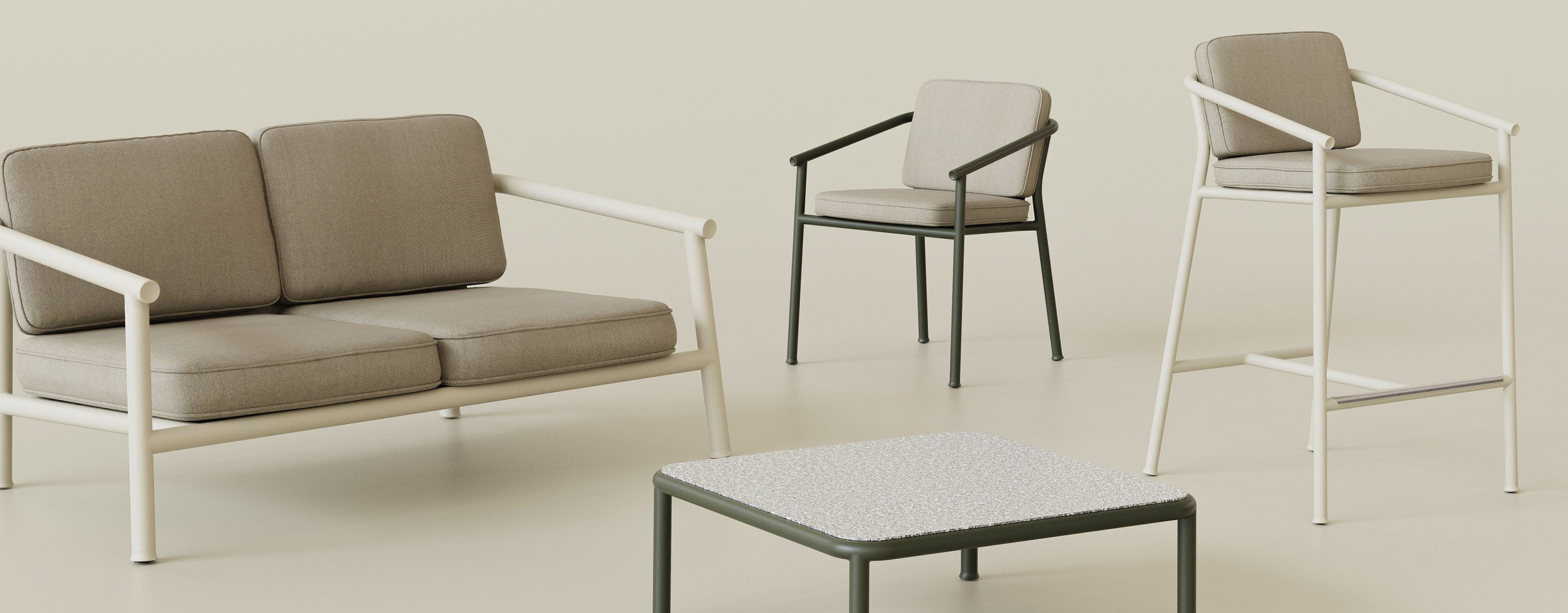 Modern outdoor Campus furniture set with a sofa, chair, barstool and coffee table on a neutral background