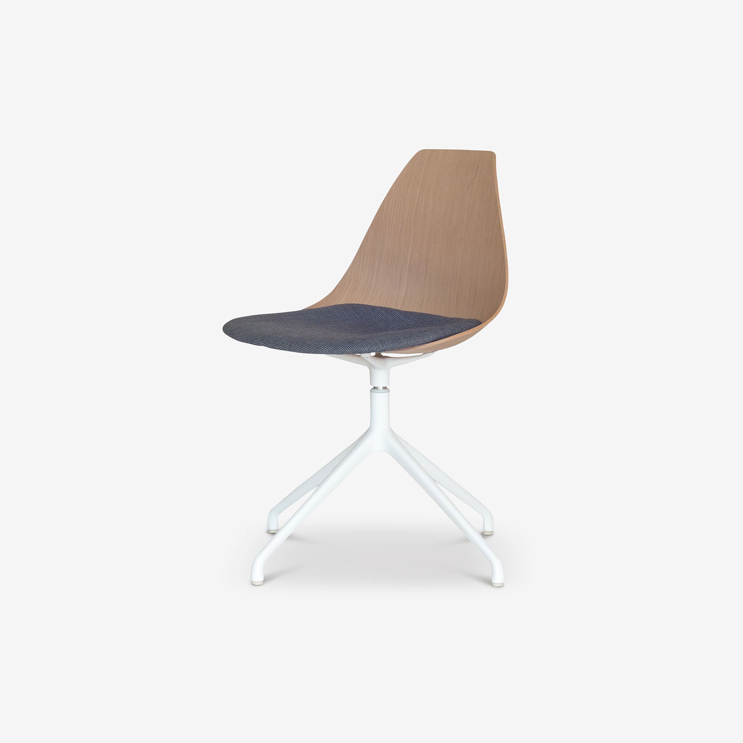 Ziba chair with 3d veneered plywood back in Oak and Elum dark grey seatpad with a white rotating base - shot in a whitespace environment. 