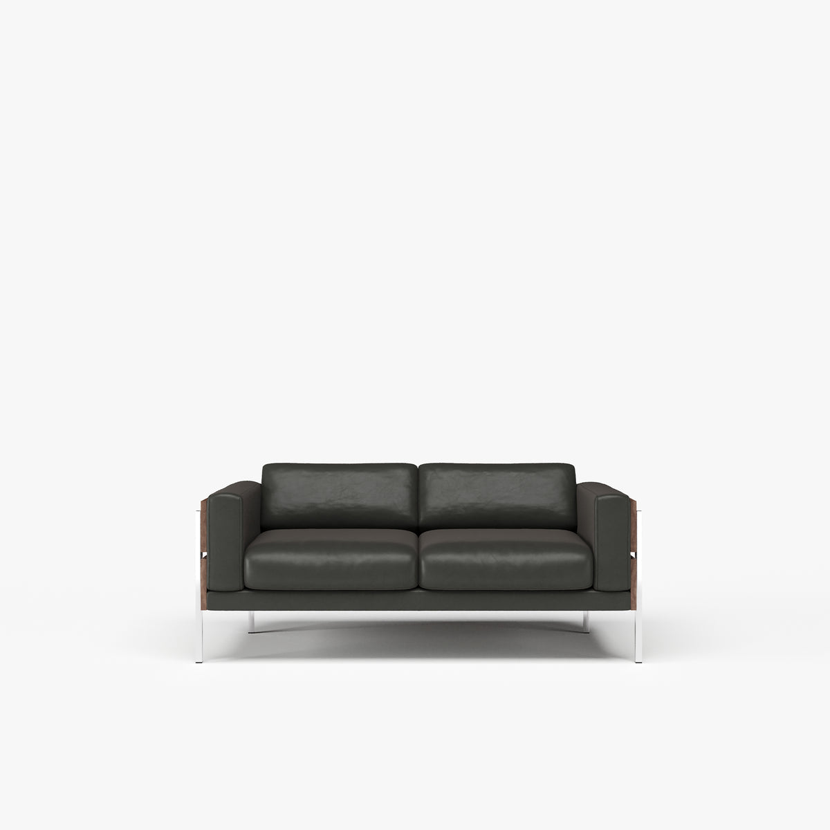 A modern two-seater sofa with dark wood on the and a slim silver metal legs, shown against a plain white background.