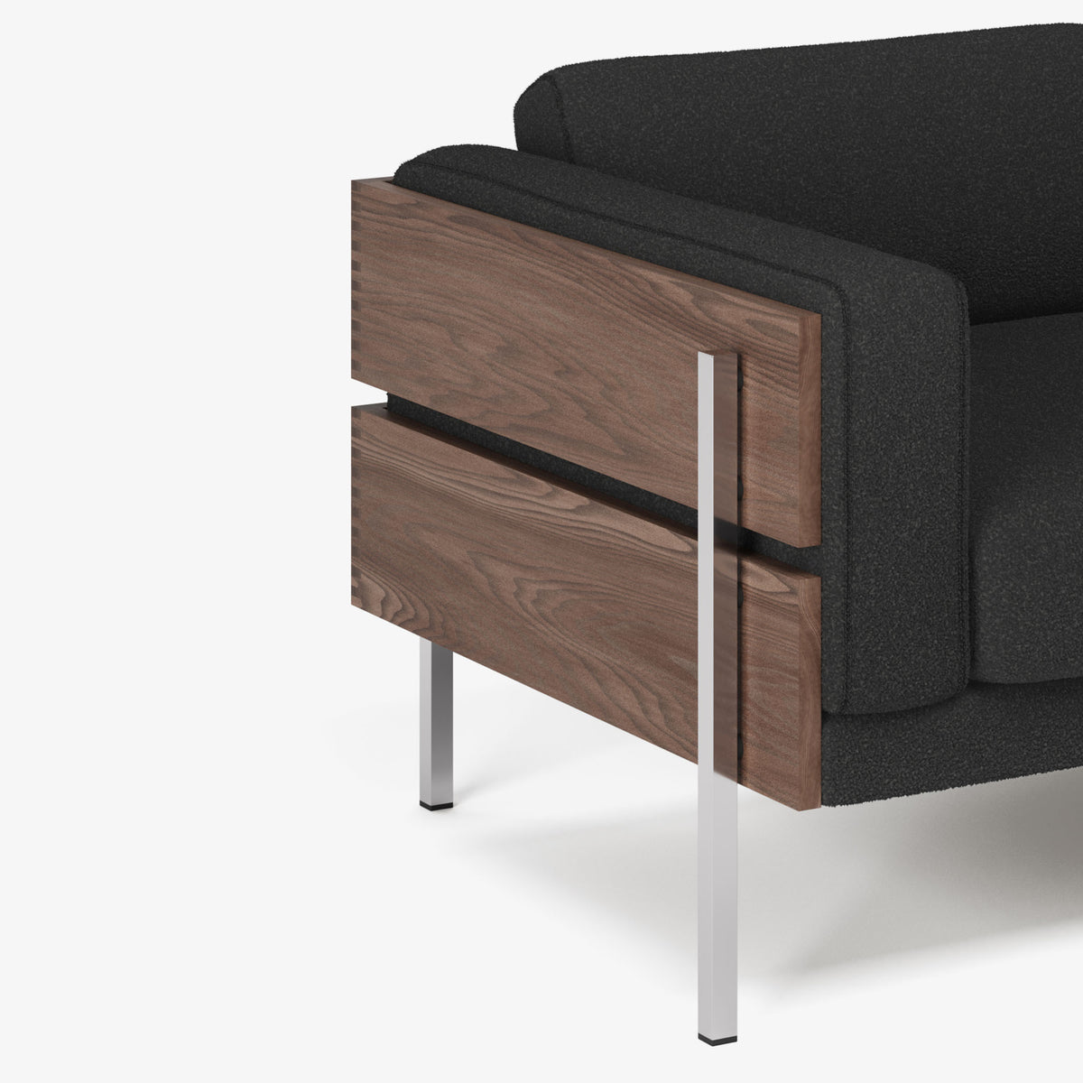 Black sofa with wooden side and silver legs on a white background