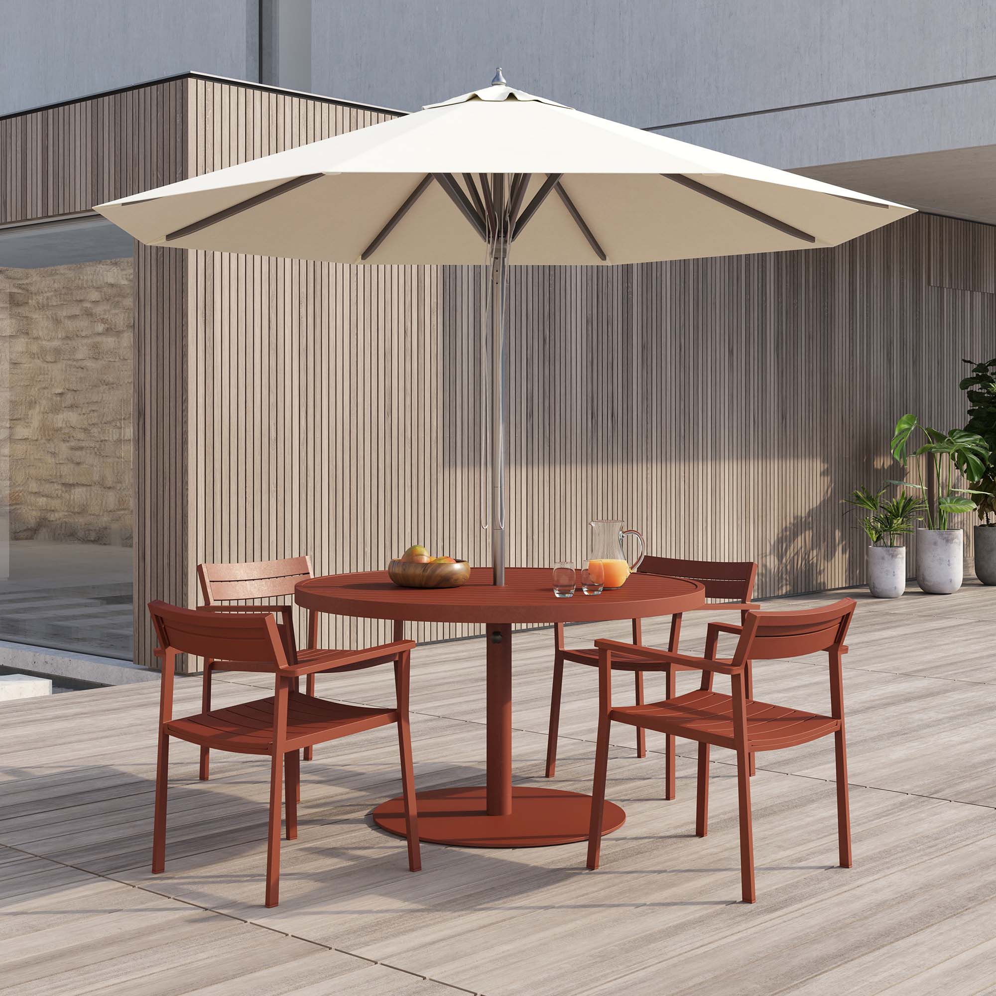 Outdoor round table and on sale chairs with umbrella